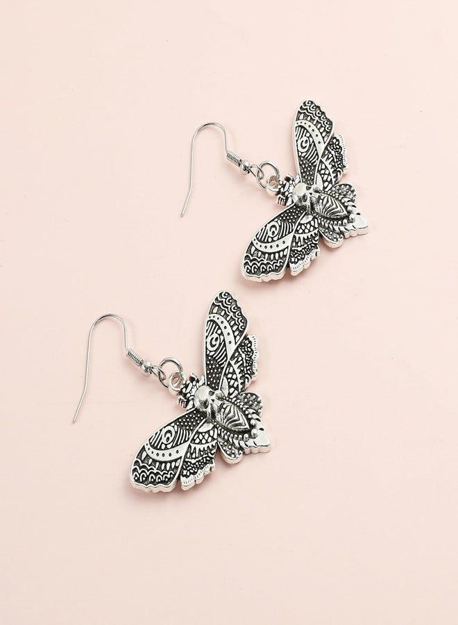 Kawailay 2 Pairs Gothic Moth Earrings Vintage Moth Butterfly Dangle Earrings Punk Rock Hip Hop Skull Drop Earrings for Women - Silver and Black - Image 5